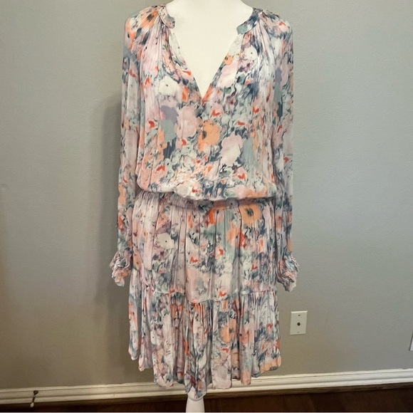 Velvet by Graham & Spencer Watercolor Floral V-neck Mini Long Sleeve Dress Small - Picture 13 of 15